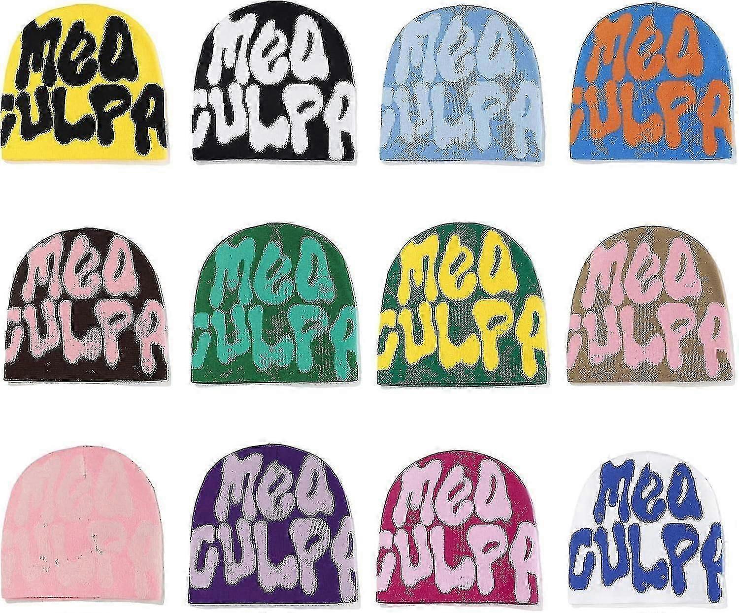 Pipot, kirjeprinttipipot Mea Y2k pipot, hattu naiselle Miehet, Slouchy Pipot ja neulotut pipot Unisexille (mustavalkoinen)
