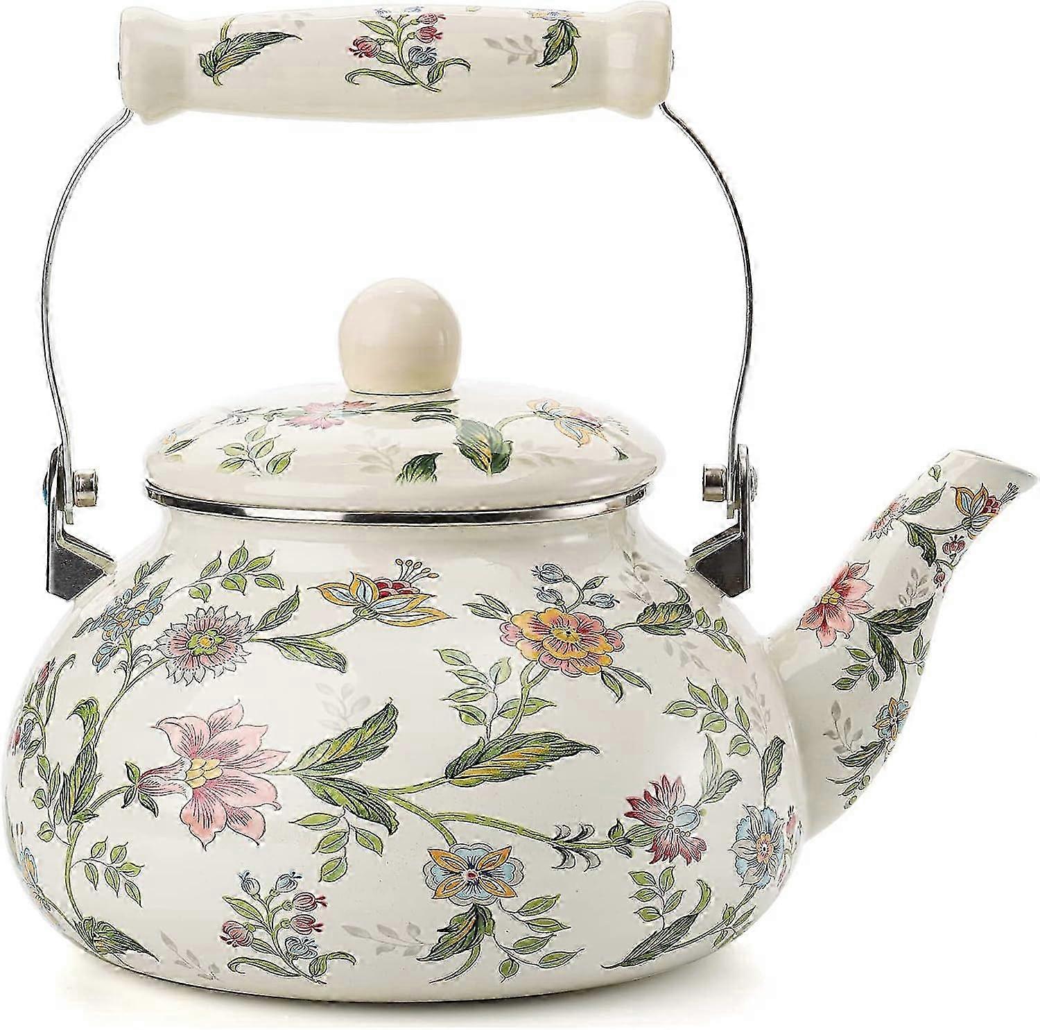 غلاية مطلية بالمينا إبريق المينا 2.4 لتر إبريق شاي عتيق ، مقبض سيراميك ، طباخ التعريفي ، غاز ، موقد خشبي