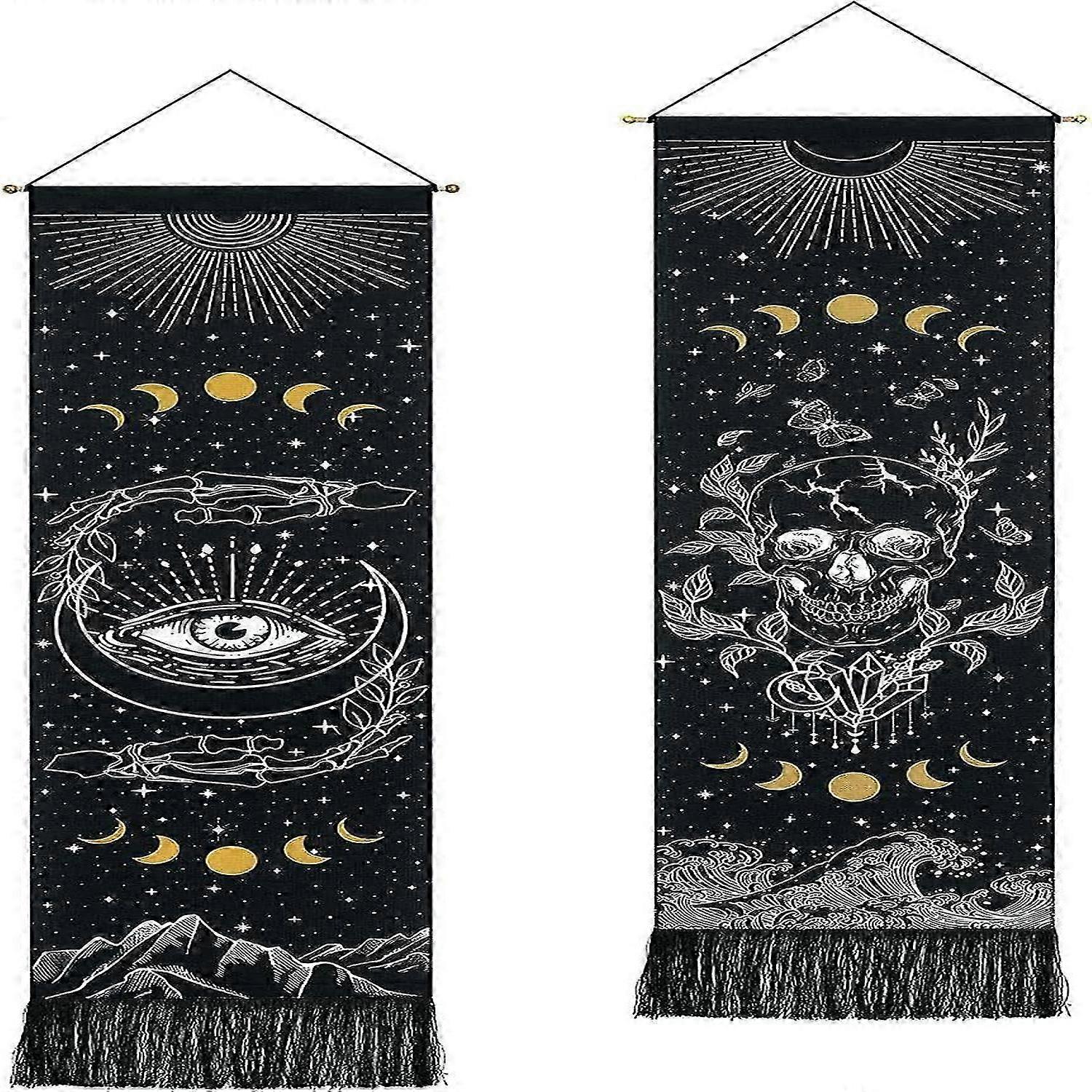 2 Pcs Skull Tapestry Moon Phase Tapestries Stars Starry Tapestry Black and Gold Tapestry Psychedelic Tapestry Wall Hanging for Room,12.8 x 51.2 in