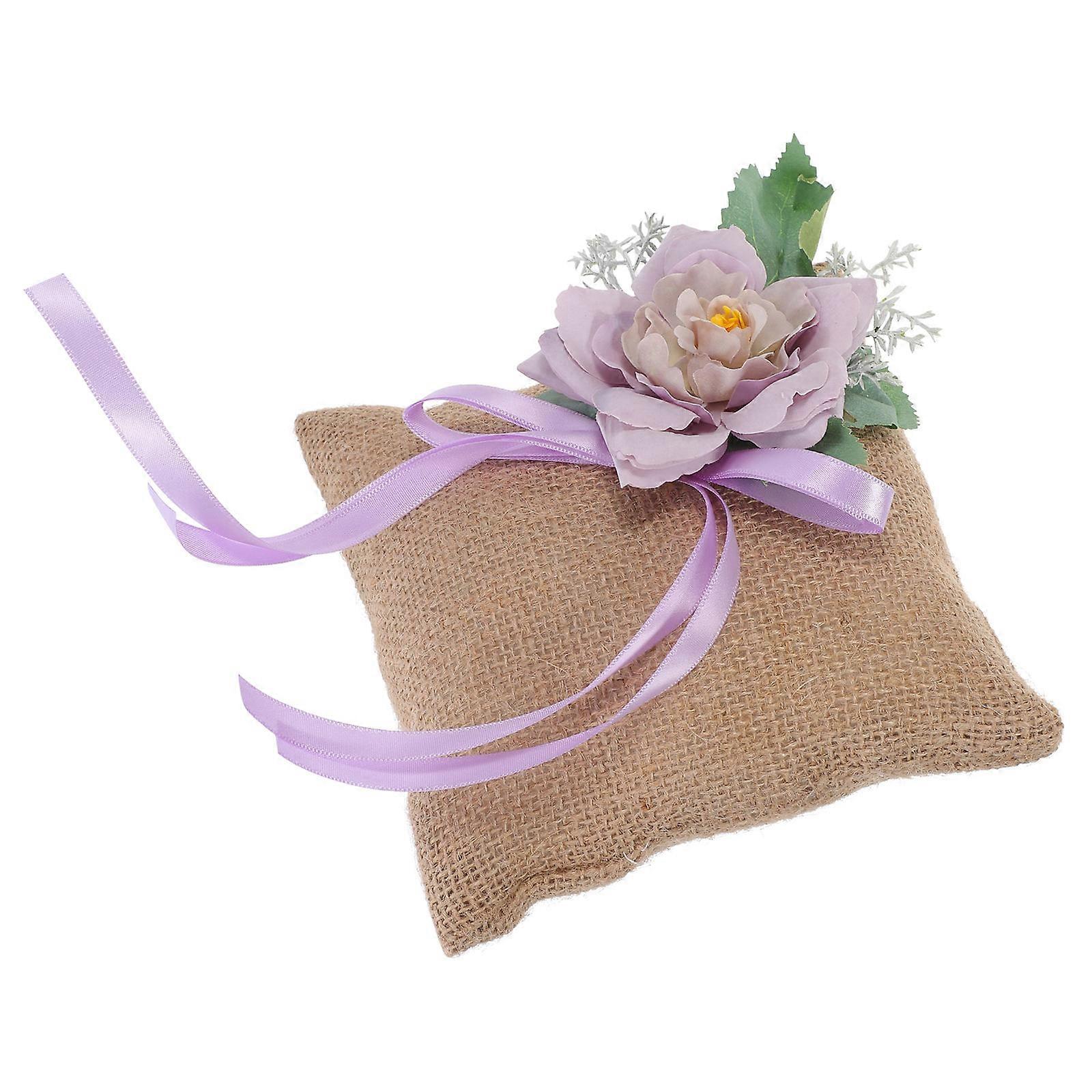Rustic Burlap Wedding Ring Pillow with Artificial Flowers – Romantic Ring Holder for Bride and Groom – Wedding Party Decoration
