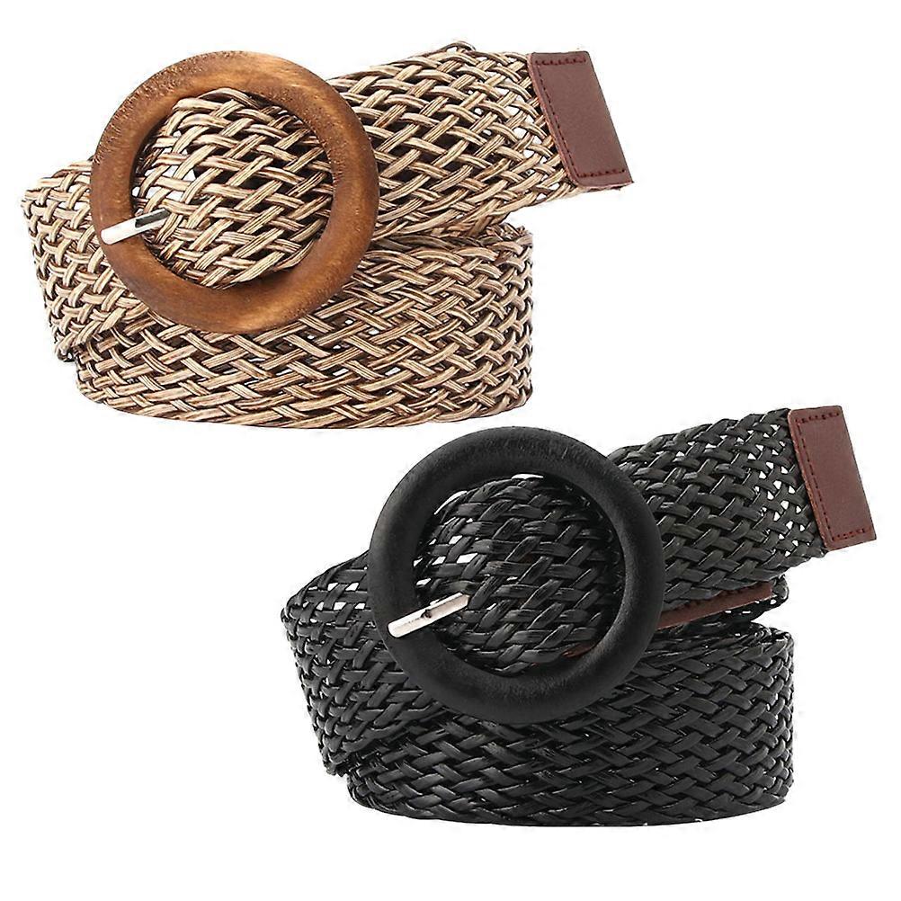 Women Belts For Pants Ethnic Style Round Buckle Multi-functional Daily Use Khaki 2Pack