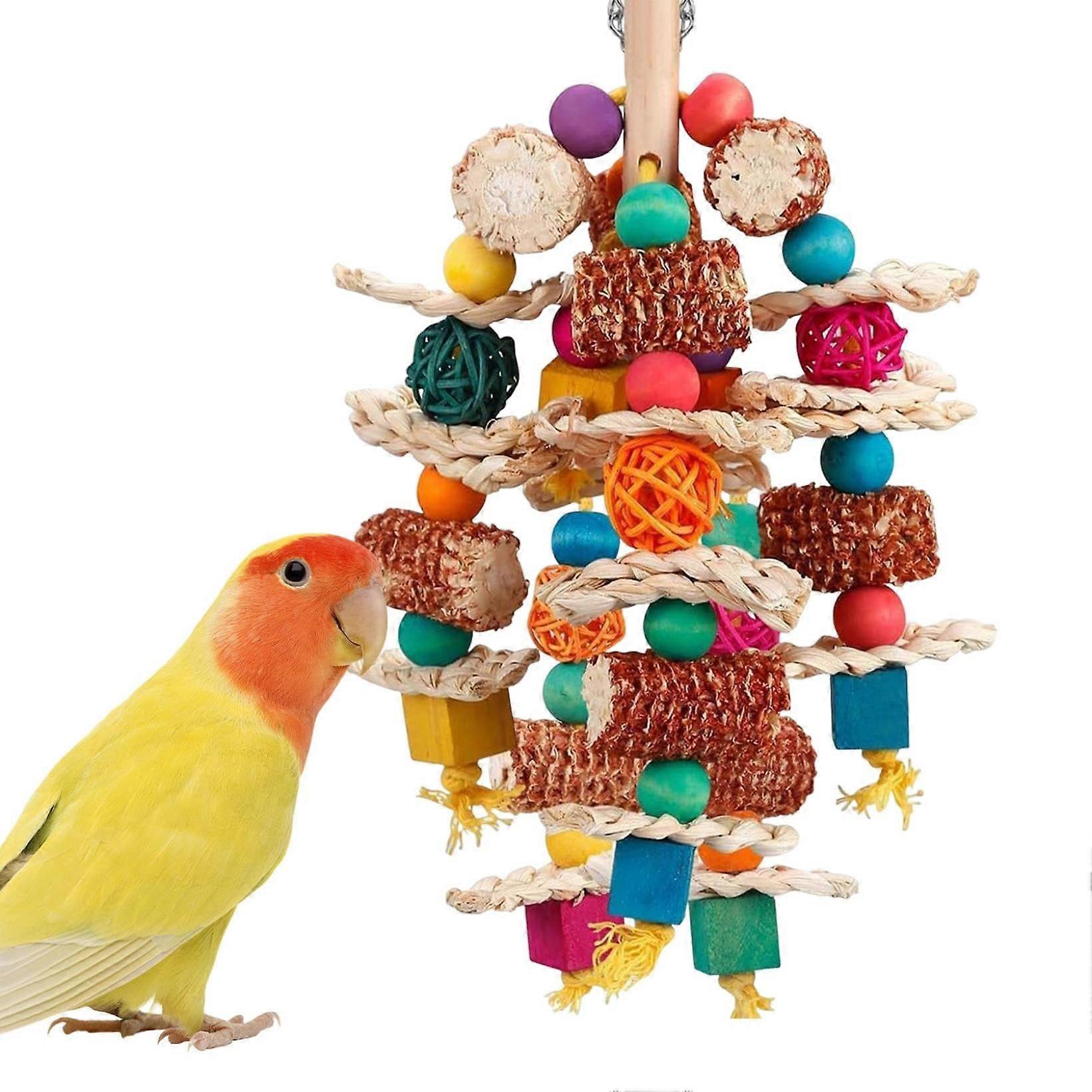 Parrot Toy For Large Macaws And Cockatoos: Natural Wood Chew Toy With Colorful Wooden Blocks, Rattan Beads