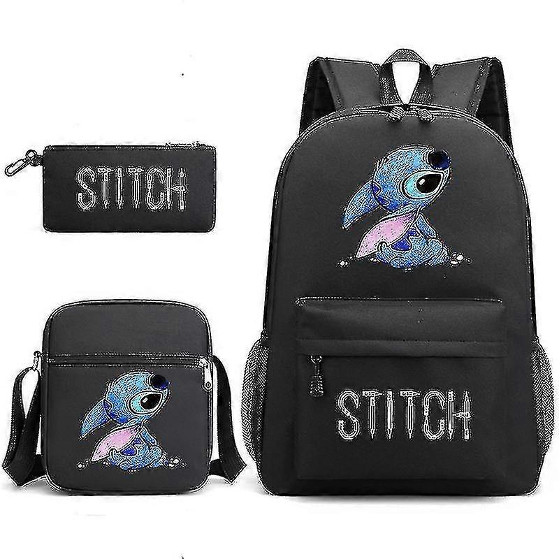 Lilo Stitch Backpack Three-piece Set School Bag(Black)