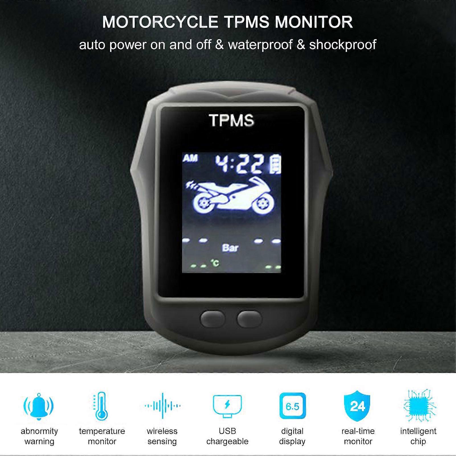 Motorcycle Exterior TPMS Wireless Tire Pressure Temperature Monitoring System USB Chargeable Large LCD Real Time Display High Accuracy