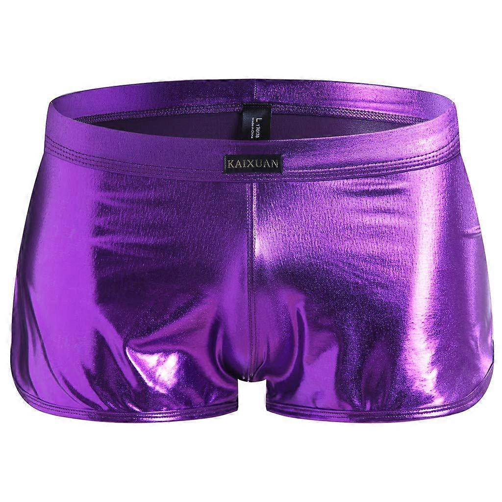 Leather Boxer Shorts for Men, Low Rise Latex Underwear, Wetlook Patent Retro Trunks, Size S, Lila Color