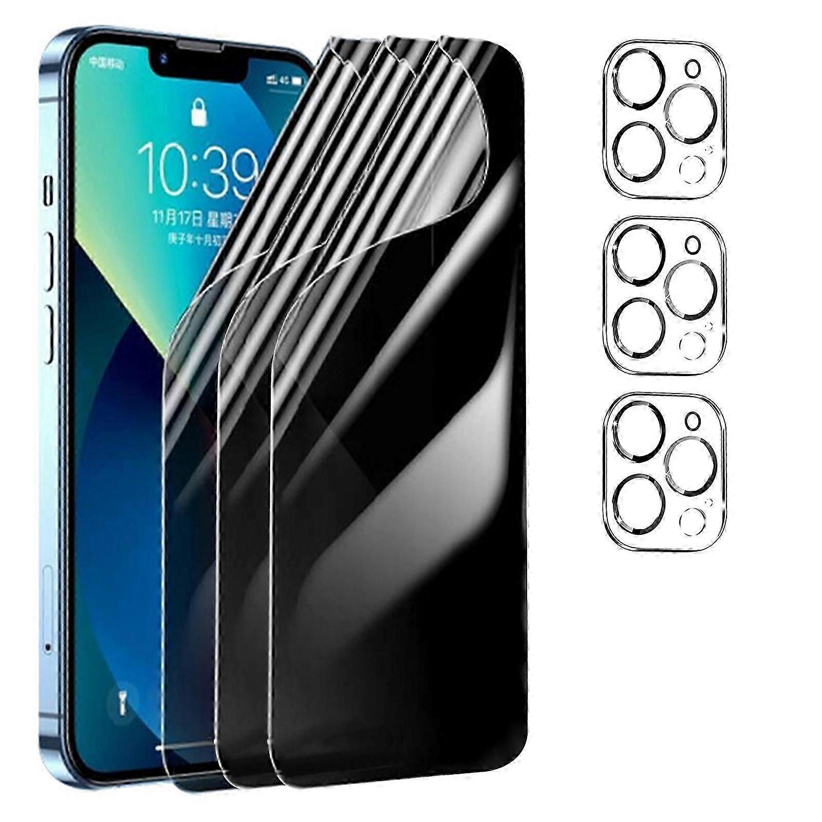 for iPhone 15 Plus 3 Pack Soft Hydrogel Film Privacy Screen Protector +3 Pack Camera Lens Protector, Upgraded Non-breakable Flexible TPU(NOT Glass)