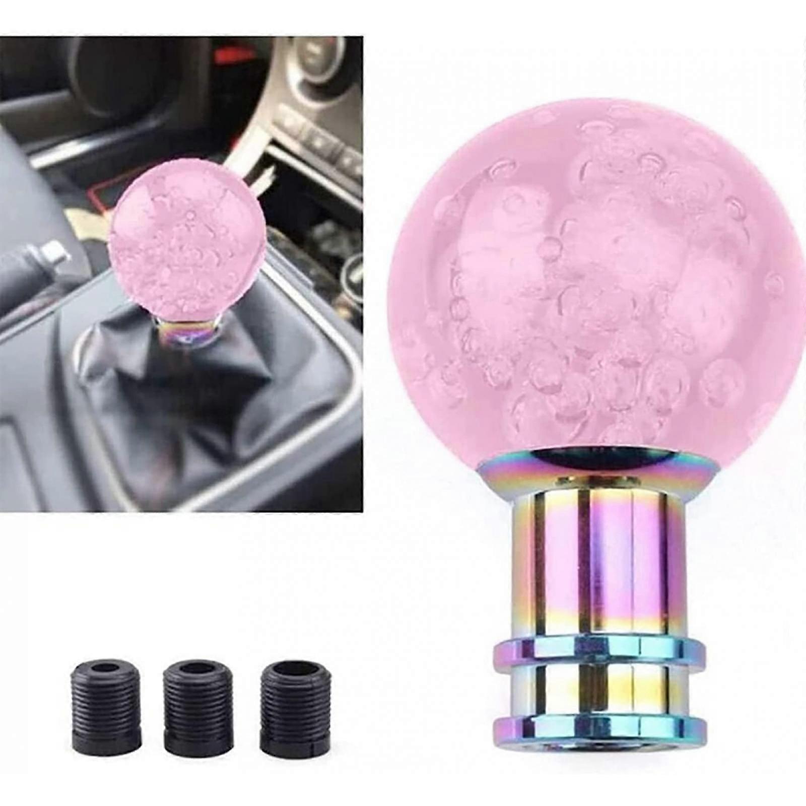 Pink Bubble Glass Gear Shift Knob - Round Ball with Mesmerizing Bubble Effect, Rainbow - Accent Metal Base Universal Fit for Manual/Automatic Vehicles