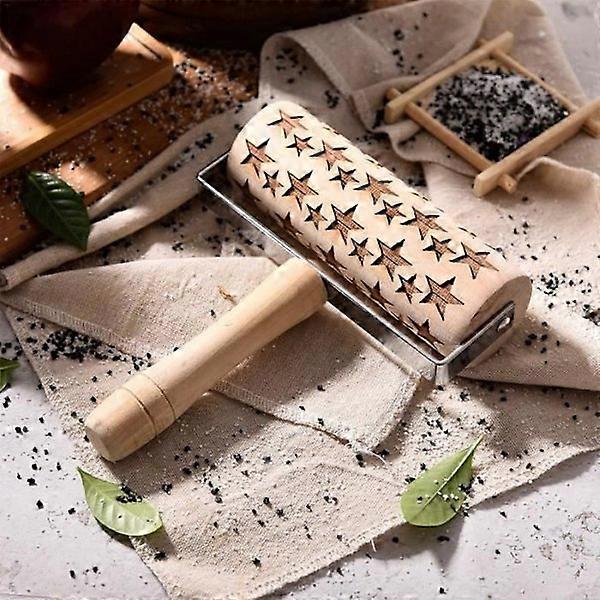 Wooden rolling pin - EJ.LIFE - Stars, snowflakes and moose pattern - White - 270g