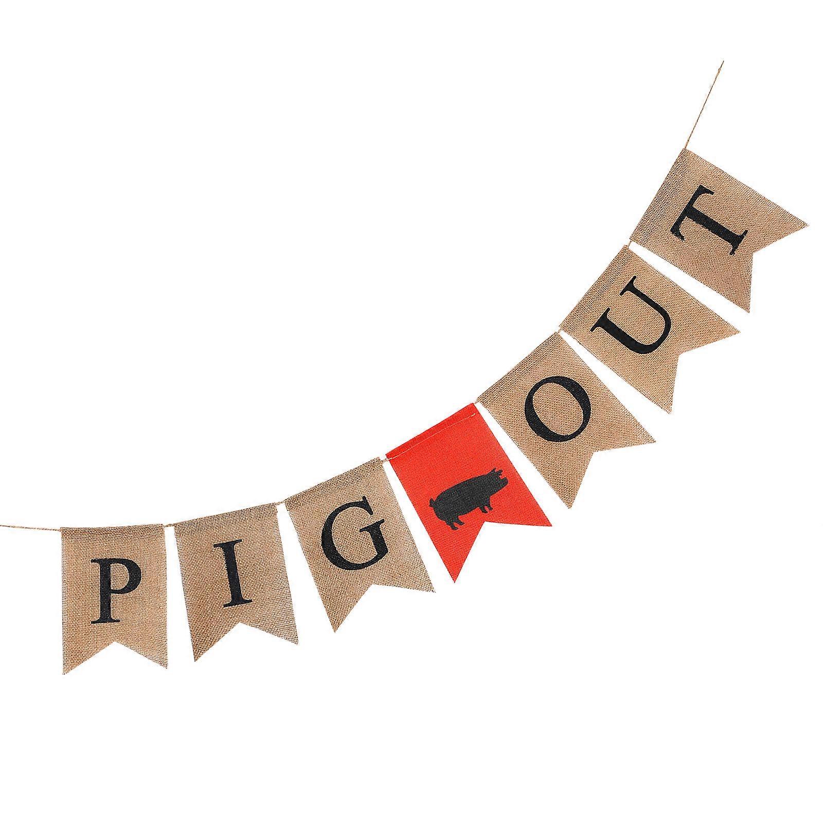 Pig Out Letter Pattern Party Banner 1 Set Hanging Burlap Banner Sign Pull Flag Decoration for BBQ Fall Farm Party