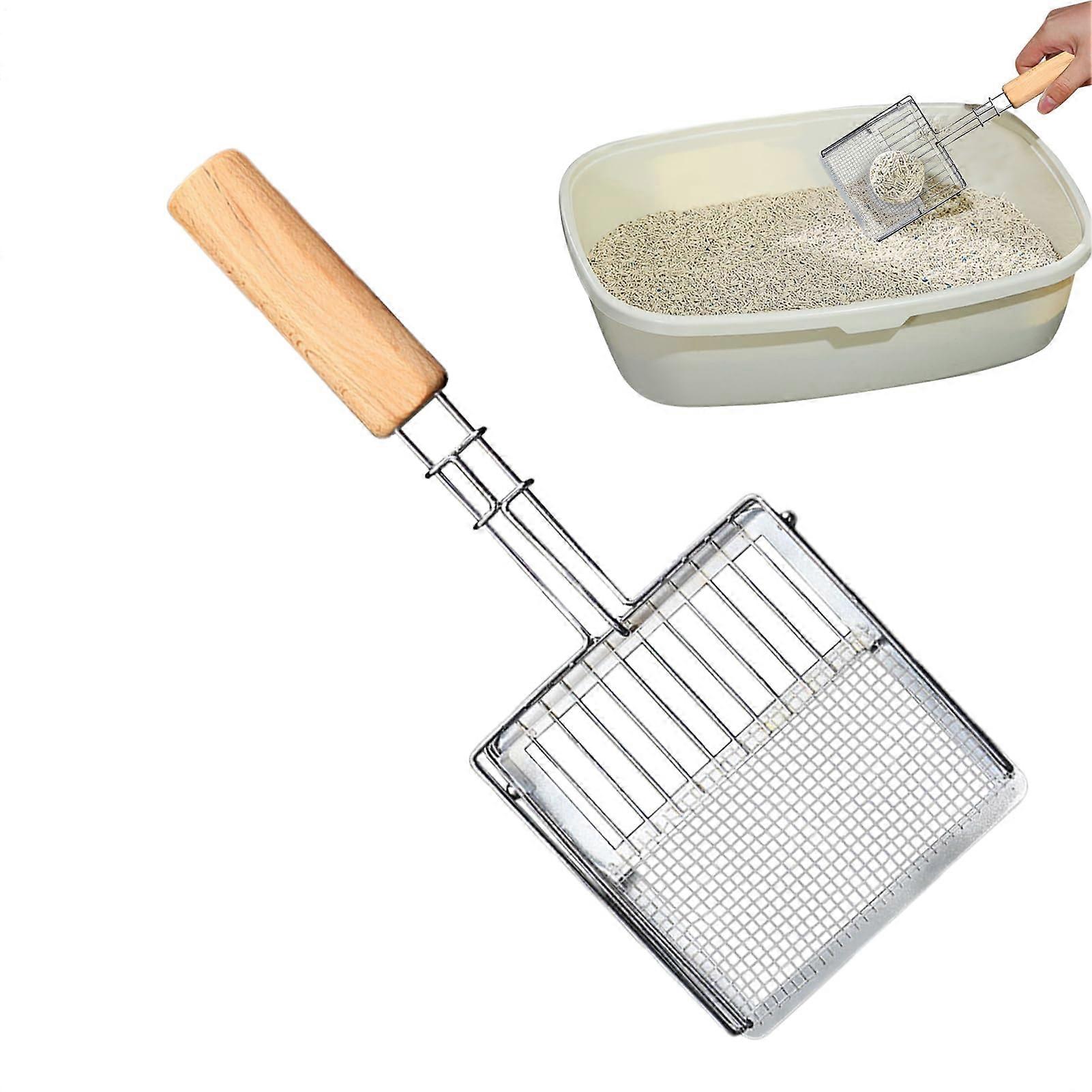 Cat litter scoop Metal scoop with nonstick coating, fine sieve flat head, pushpull design with wooden handle for household, kittens, and pets.