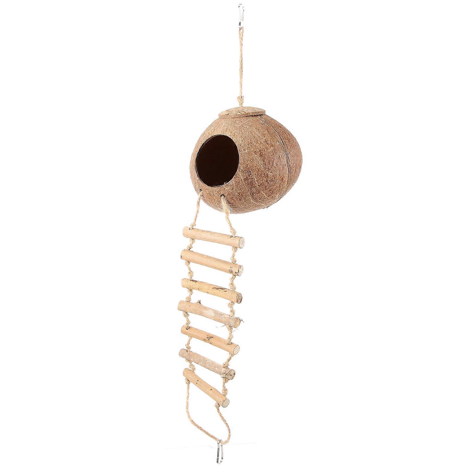 Hanging Coconut Shell Bird House with Ladder – Durable Natural Nest for Budgies & Parrots, Includes Coconut Coir Padding for Breeding & Resting