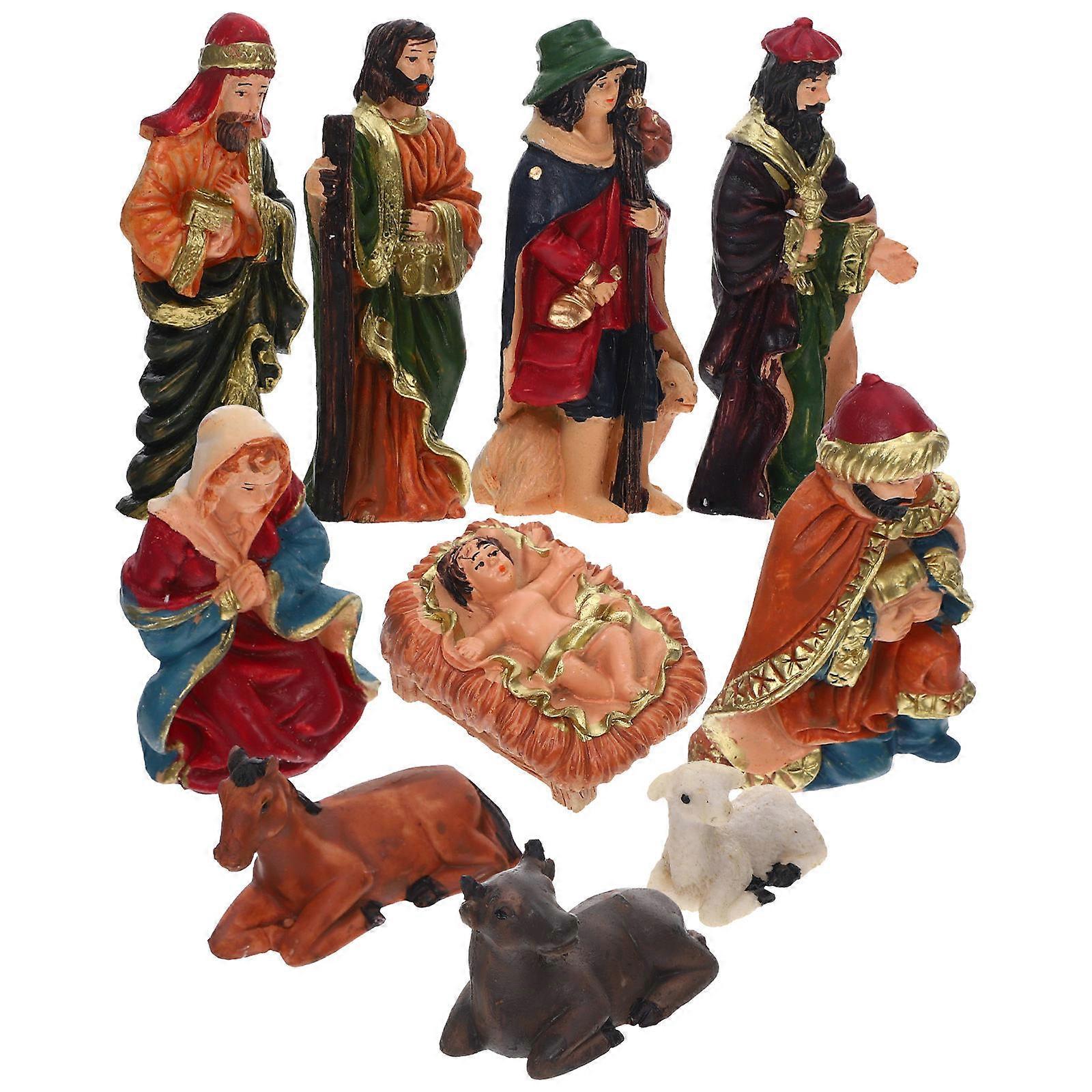 Christmas Nativity Scene Figurines 1 Set Religious Ornament Assorted Color Traditional Design 10Pcs