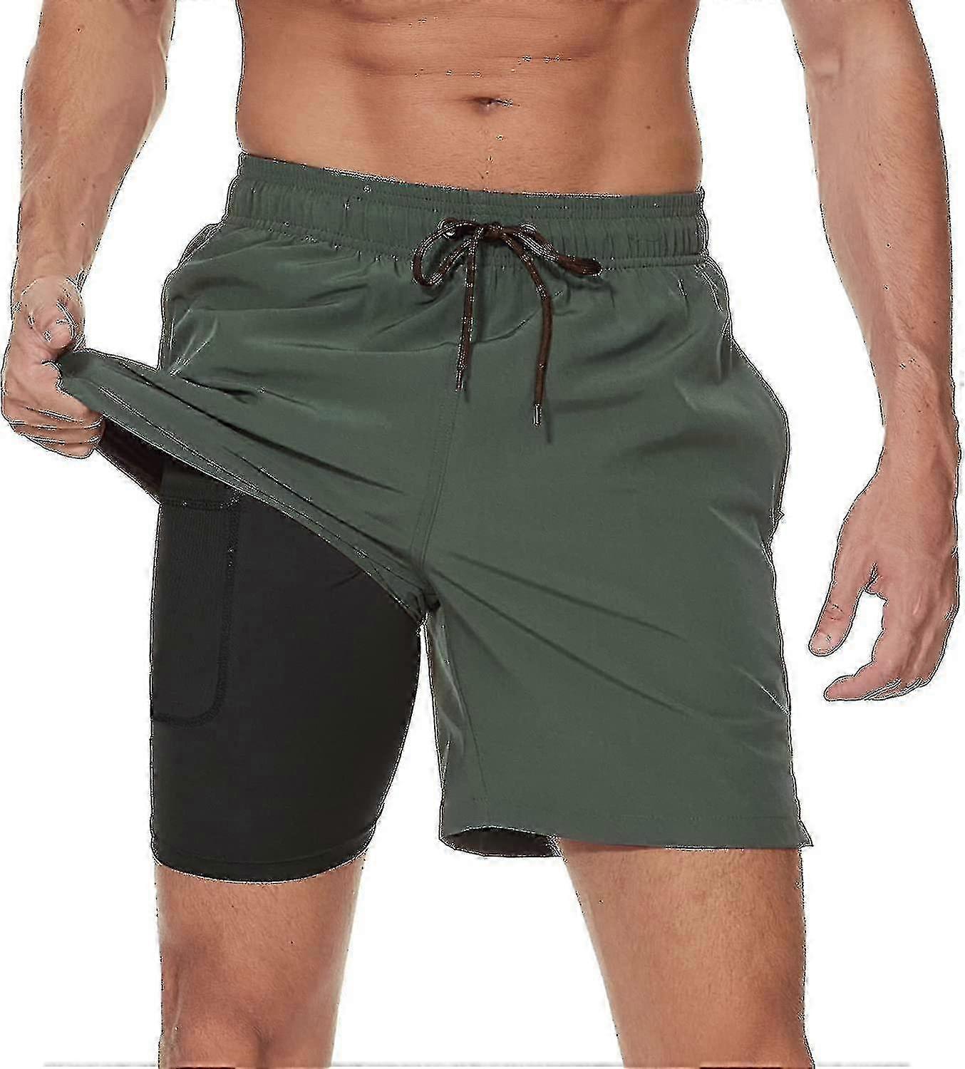 Men's 2-in-1 quick-dry swim trunks and shorts with a compression boxer brief liner and zipper pockets for surfing and the beach