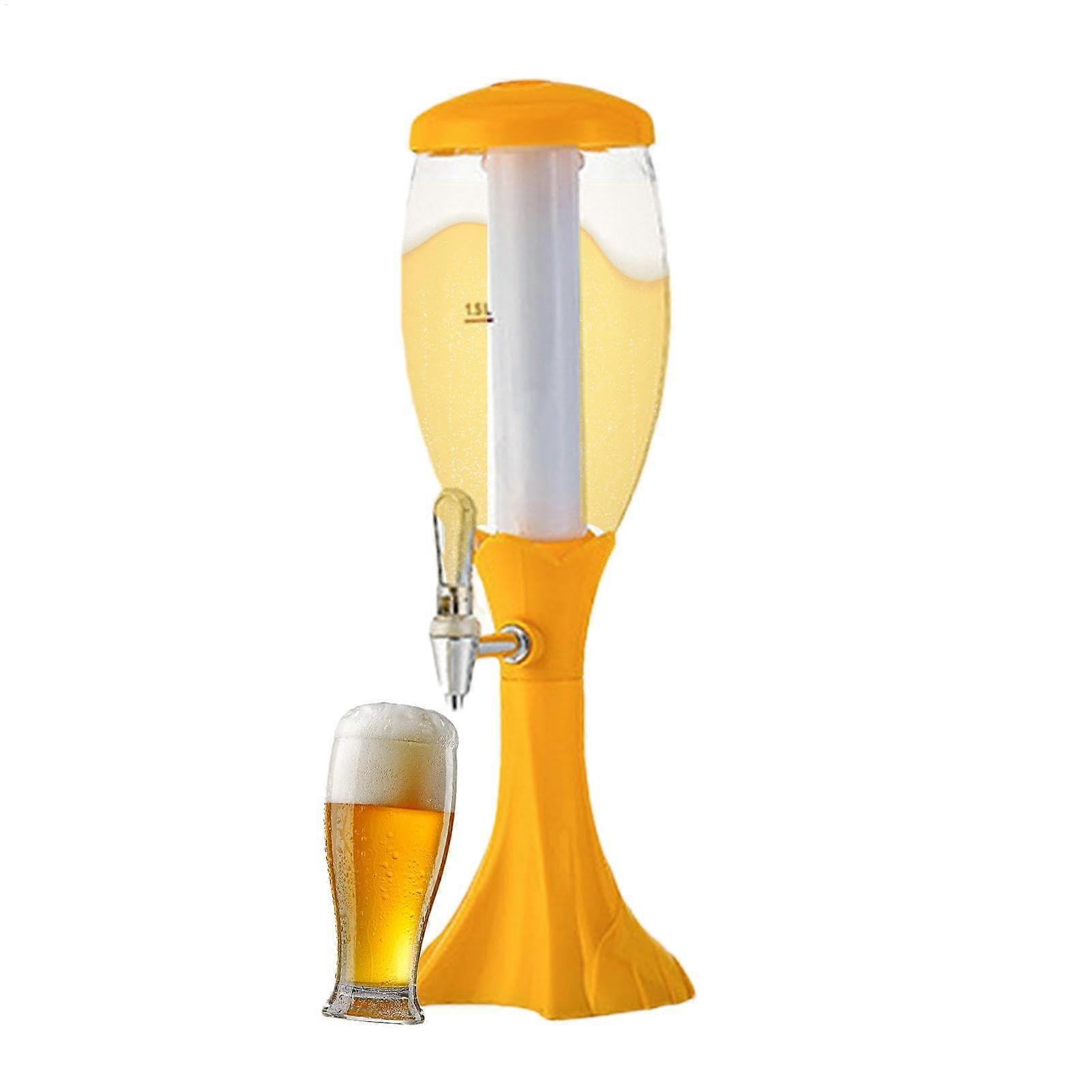 Beverage dispenser with ice tube and tap, illuminated tower for home bar, yellow