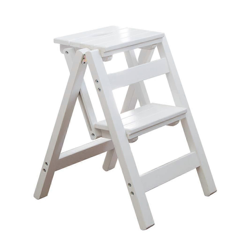 Portable Folding Wooden Ladder 2 Step 150kg Capacity for Home Kitchen Loft Library Lightweight White Finish