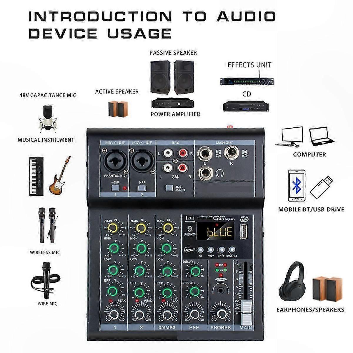 4-Channel DJ Mixer with USB and Bluetooth Connectivity for Digital Audio Mixing