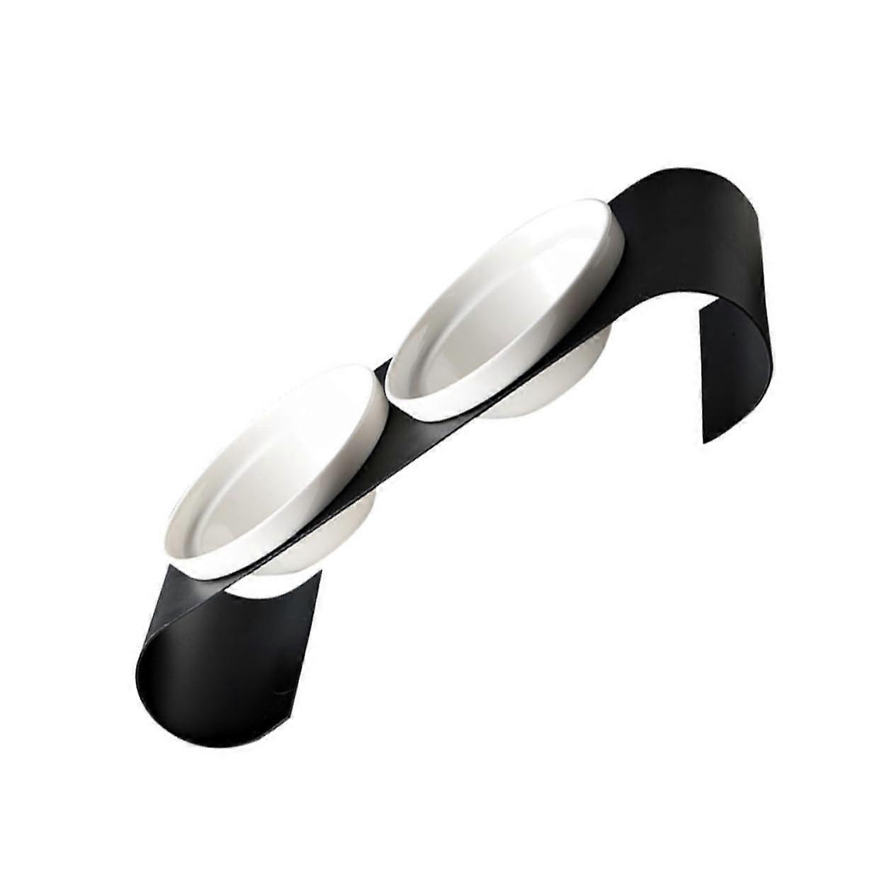 Heightened Ceramic Pet Bowl with Iron Bracket Double Design for Cats and Dogs, Easy to Clean, Stable Base, Black and White