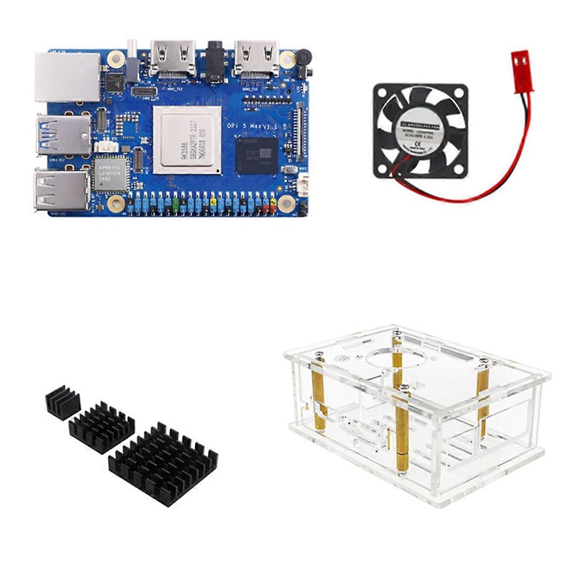 For Orange Pi 5 Max + Cooling Fan + Acrylic Shell M.2 PCIE WiFi+BT 8G