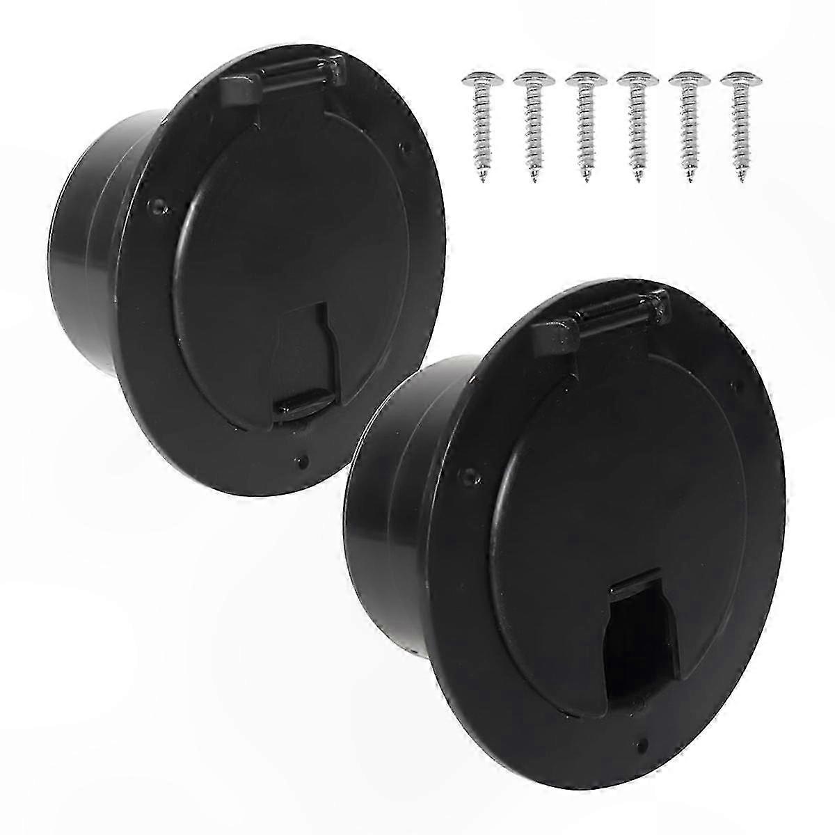Black RV Hatch Covers for Electric Cables with Screws, 2-Pack Round Power Cord Access Panels