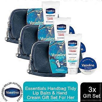 3x Vaseline Essentials Handbag Tidy Gift Set For Her, Lip Balm & Hand Cream