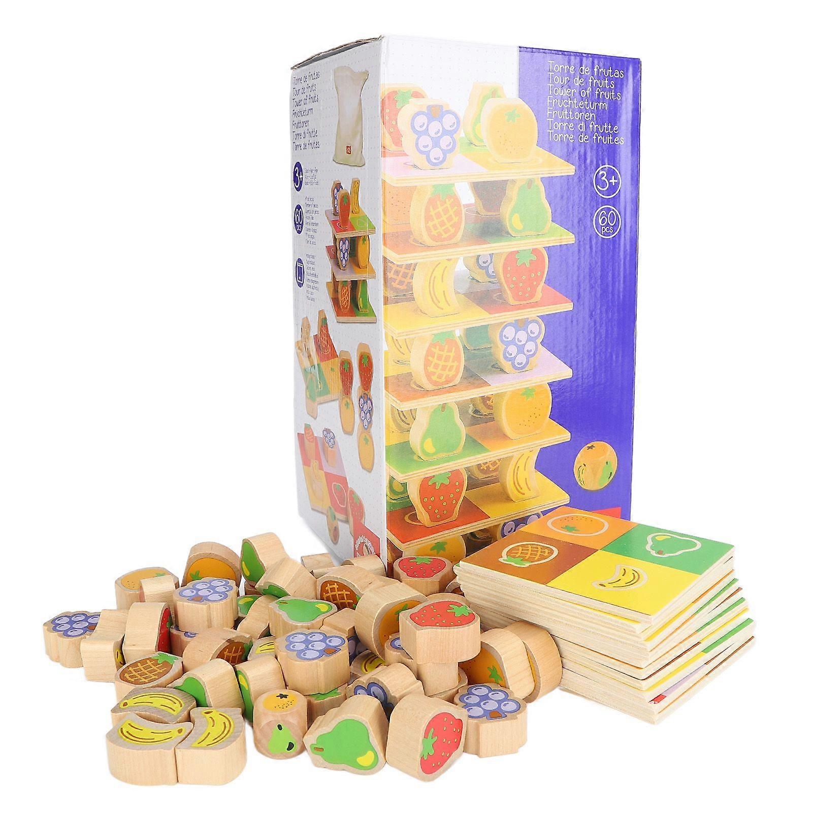 Stacking Tower Game Wooden Block Children's Tabletop Board Game with Fruit Picture for Kids and Toddlers