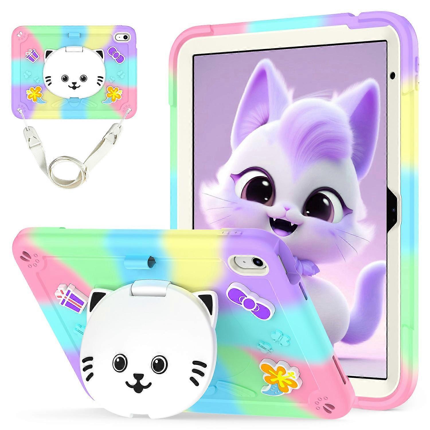 For iPad (2025) iPad 10.9 (2022) Case PC + Silicone Colorful Tablet Cover with Cat Kickstand Shoulde