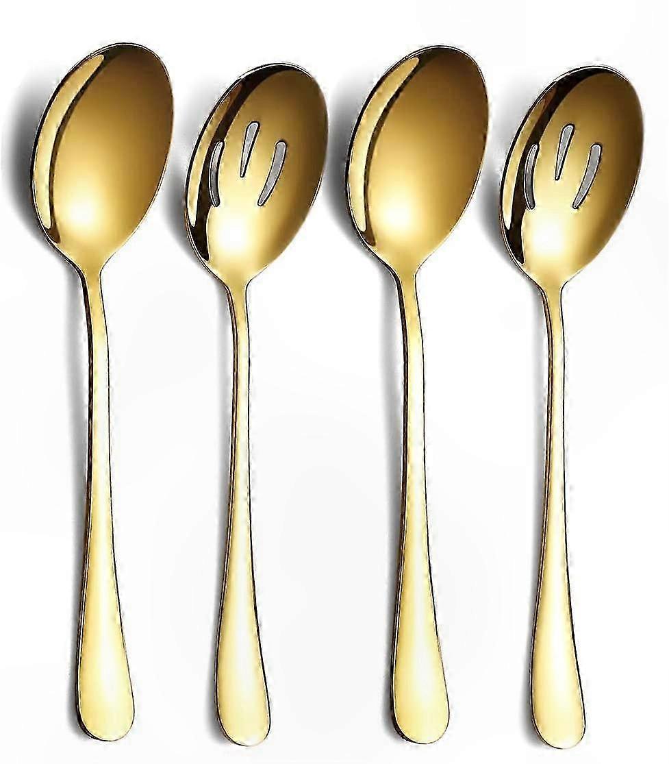 4-Piece Gold Serving Spoons Set with 2 Solid and 2 Slotted Spoons