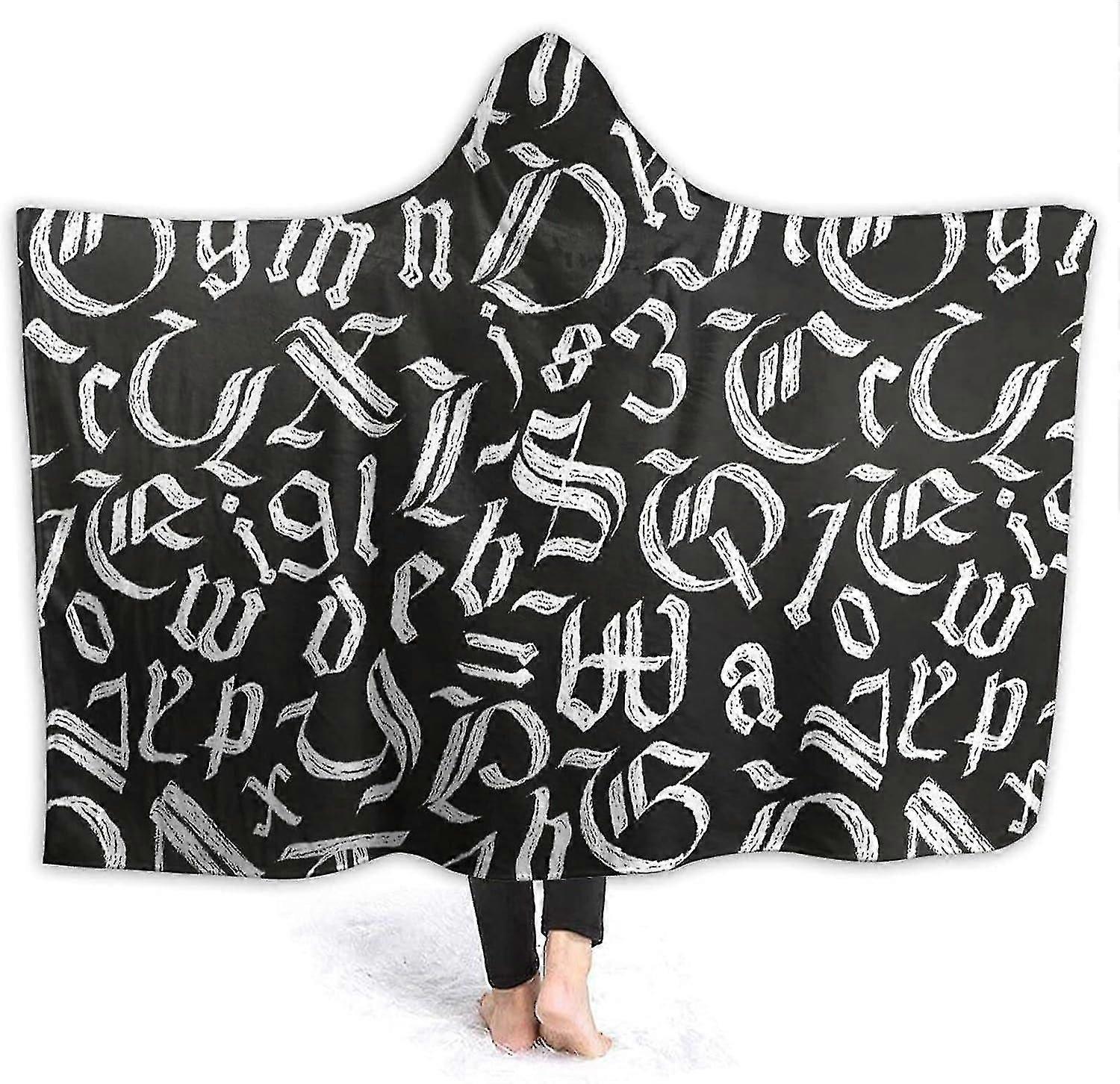 Blanket Gothic Letters Hooded Blanket Soft Plush Wearable Blanket Warm Hooded Robe Poncho Cape Wrap Bathrobe Sofa Sleeping Throw Flannel Bedding 60"x5