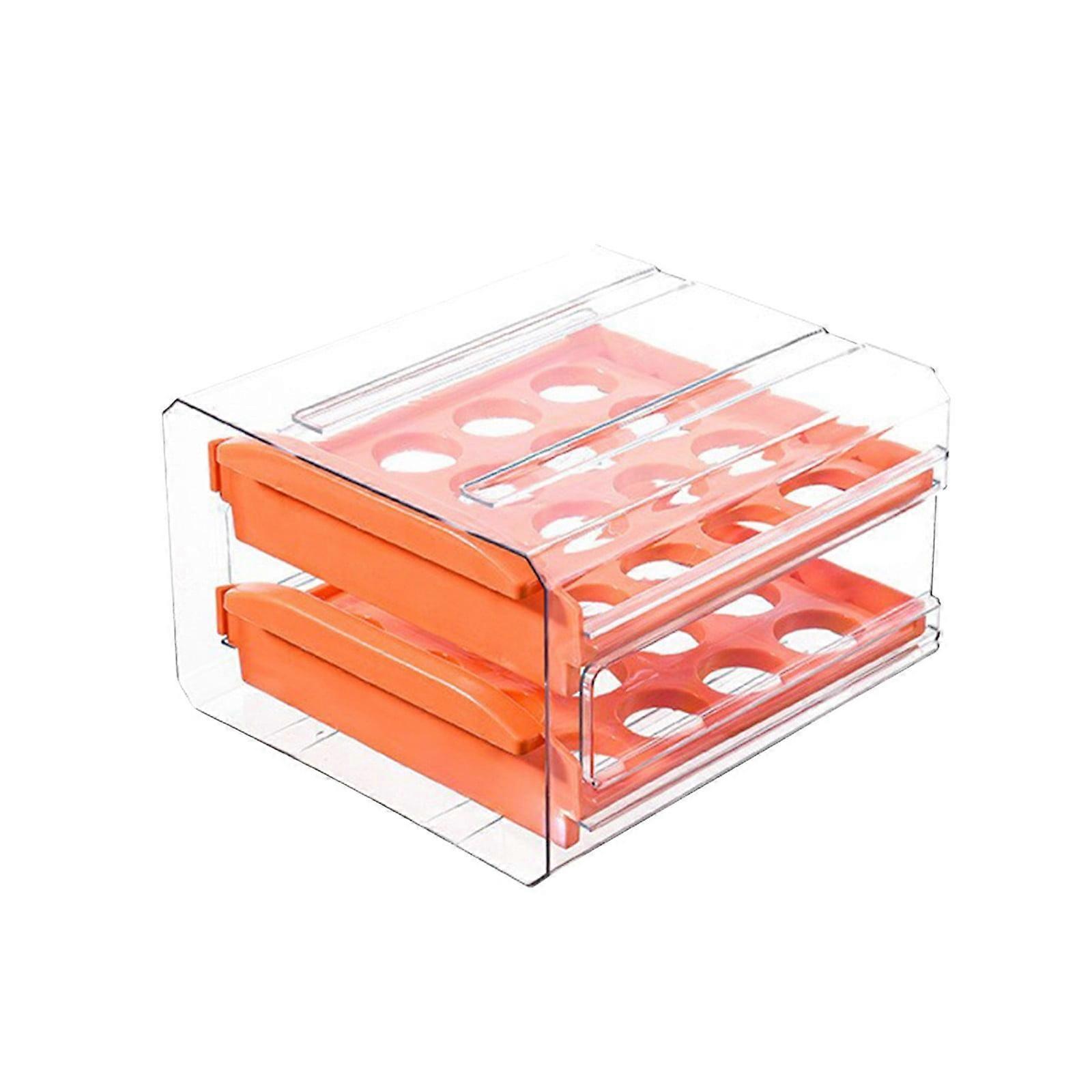 32 Grids Egg Container for Refrigerator, Household Egg Holder for Fridge, Stackable Clear 2 Drawers Chicken Egg Storage Container, Orange