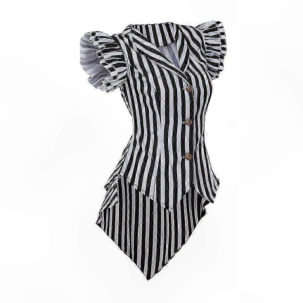 Women's Steampunk Striped Tailcoat Vest Gothic Pirate Style Ruffled Jacket with Button Closure