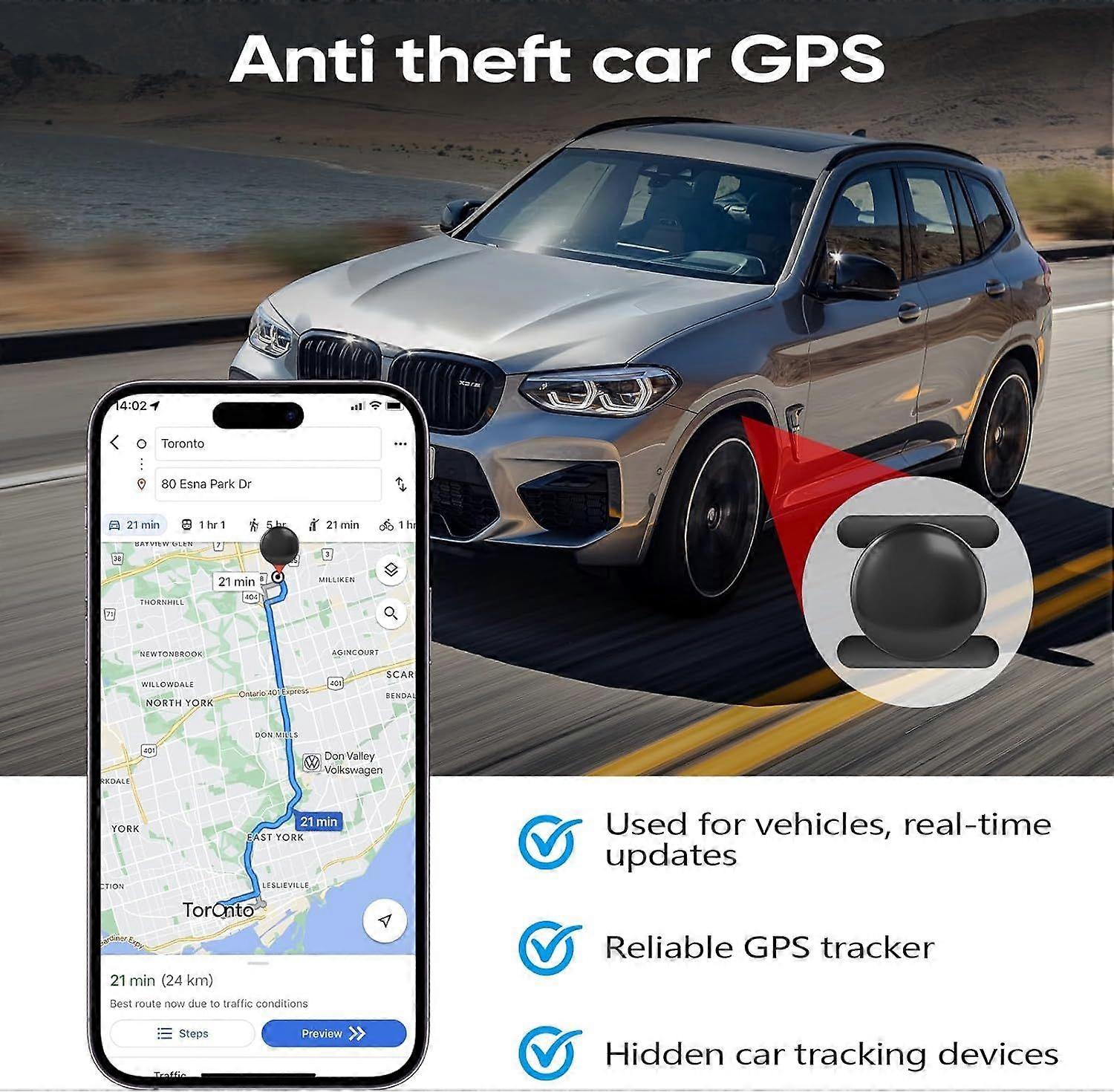 Mini car GPS tracker, magnetic hidden tracker, 360-day battery life, no monthly fee, no subscription, only supports "Find My Device" (iOS), black.