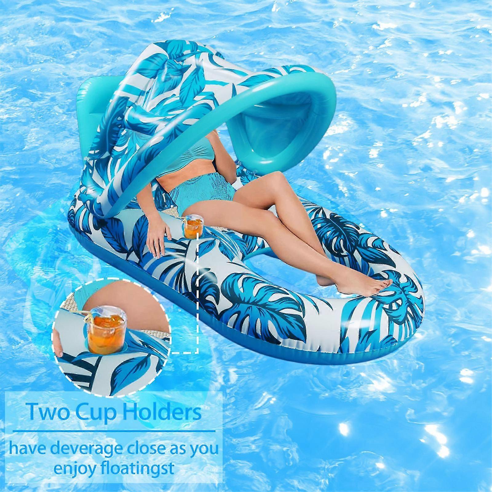 Pool Inflatable Lounger Float with Cup Holder & Backrest, Lounge Float with Canopy UPF50+, Extra Large Pool Floats for Adults Heavy Duty