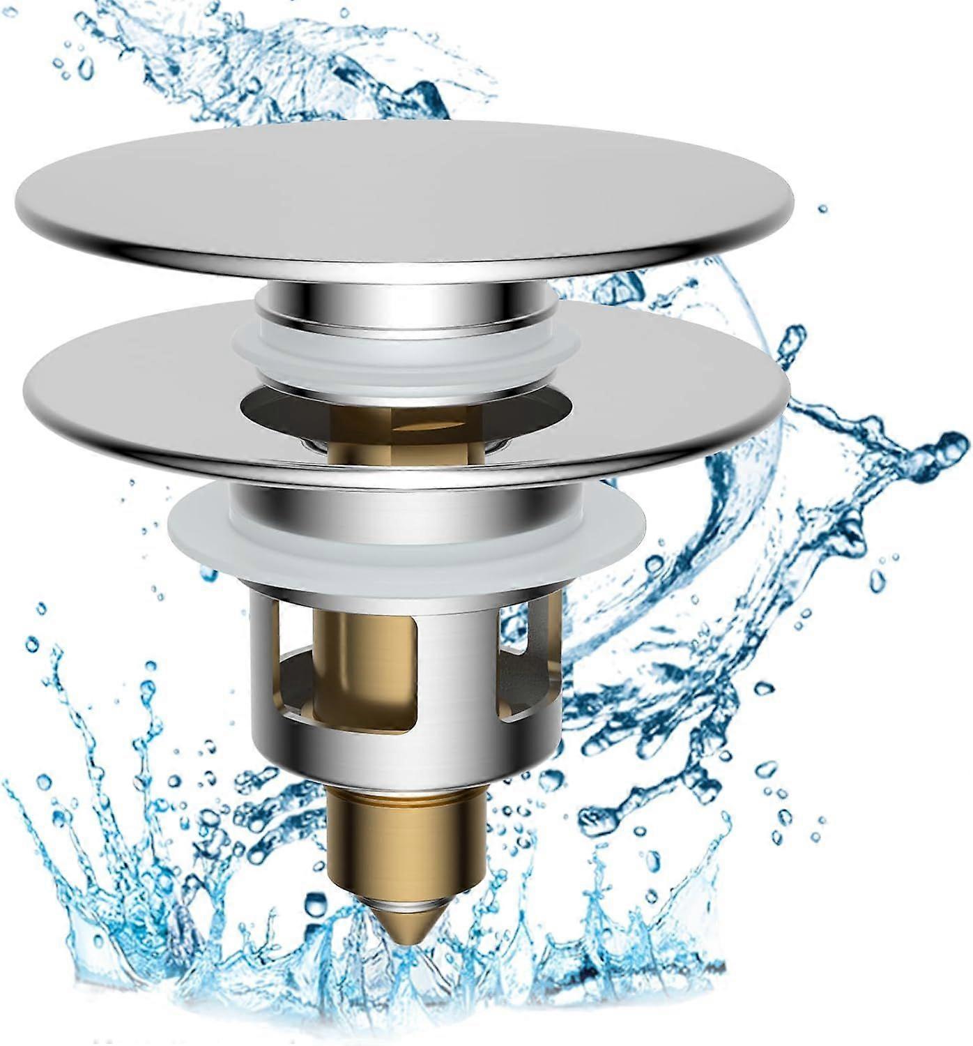 All Metal 2 in 1 Bathroom Sink Stopper, Universal Pop Up Drain Strainer, Brass Bullet Core Push Type Sink Stopper for 1.1''~2.3'' Basin, Big Push Butt