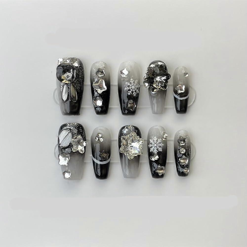Silver Glitter Press On Nails with Armor Inspired Long Pointed Shape for Spicy Girl Style Snow M