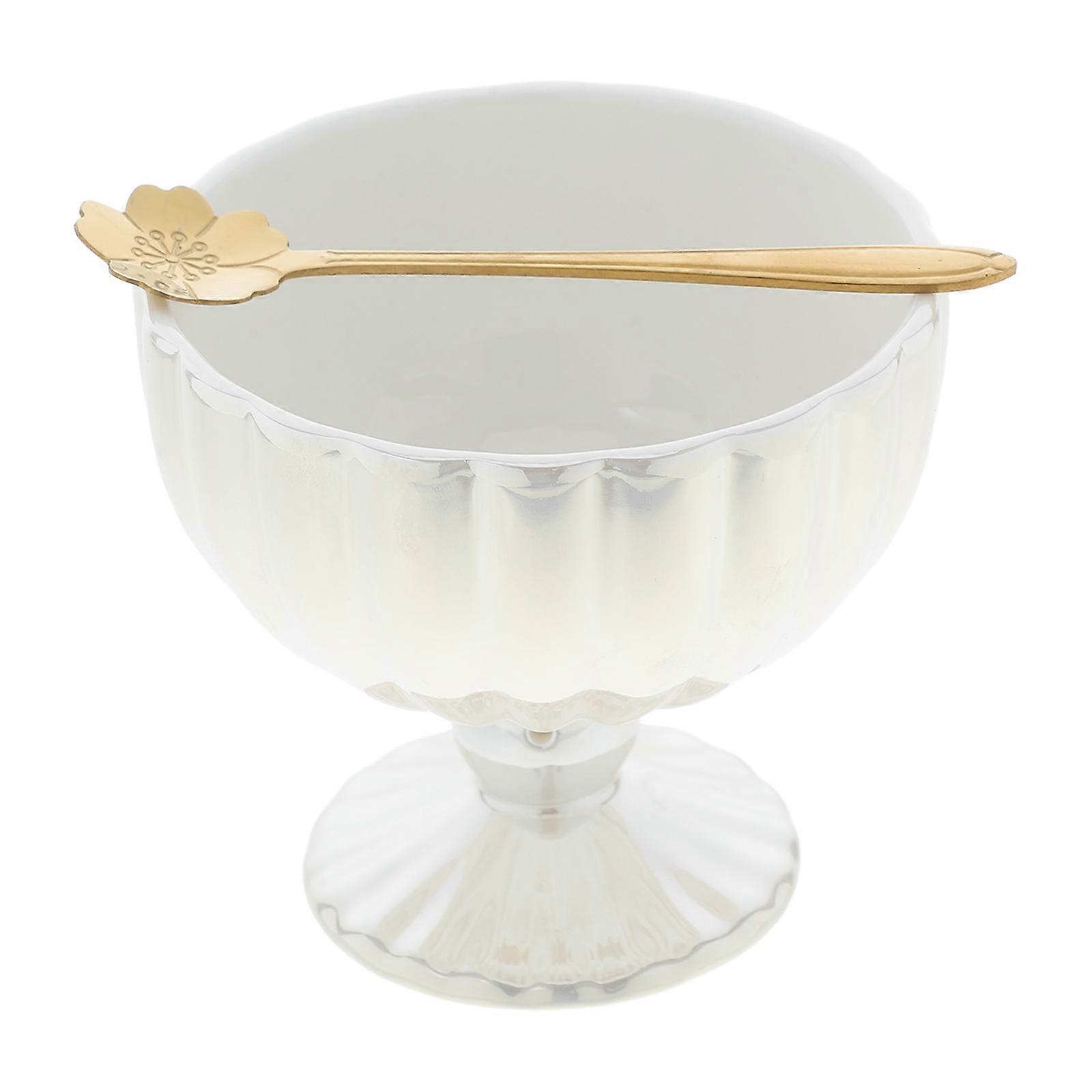 Footed White Ceramic Dessert Bowls with Spoon for Ice Cream 3Sets Serving