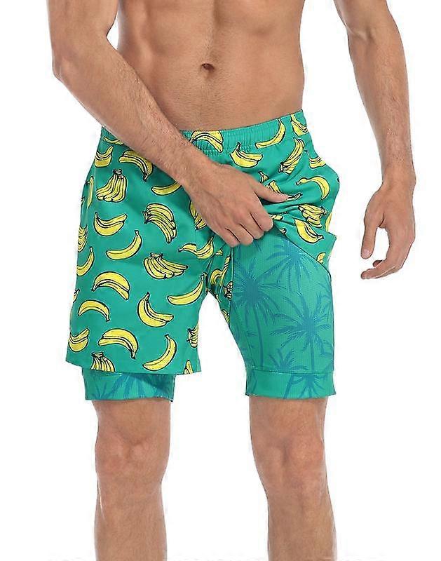 LRD Men's Printed 5" Swim Trunks with Compression Liner and Pockets - Quick Dry Beach Shorts for Men