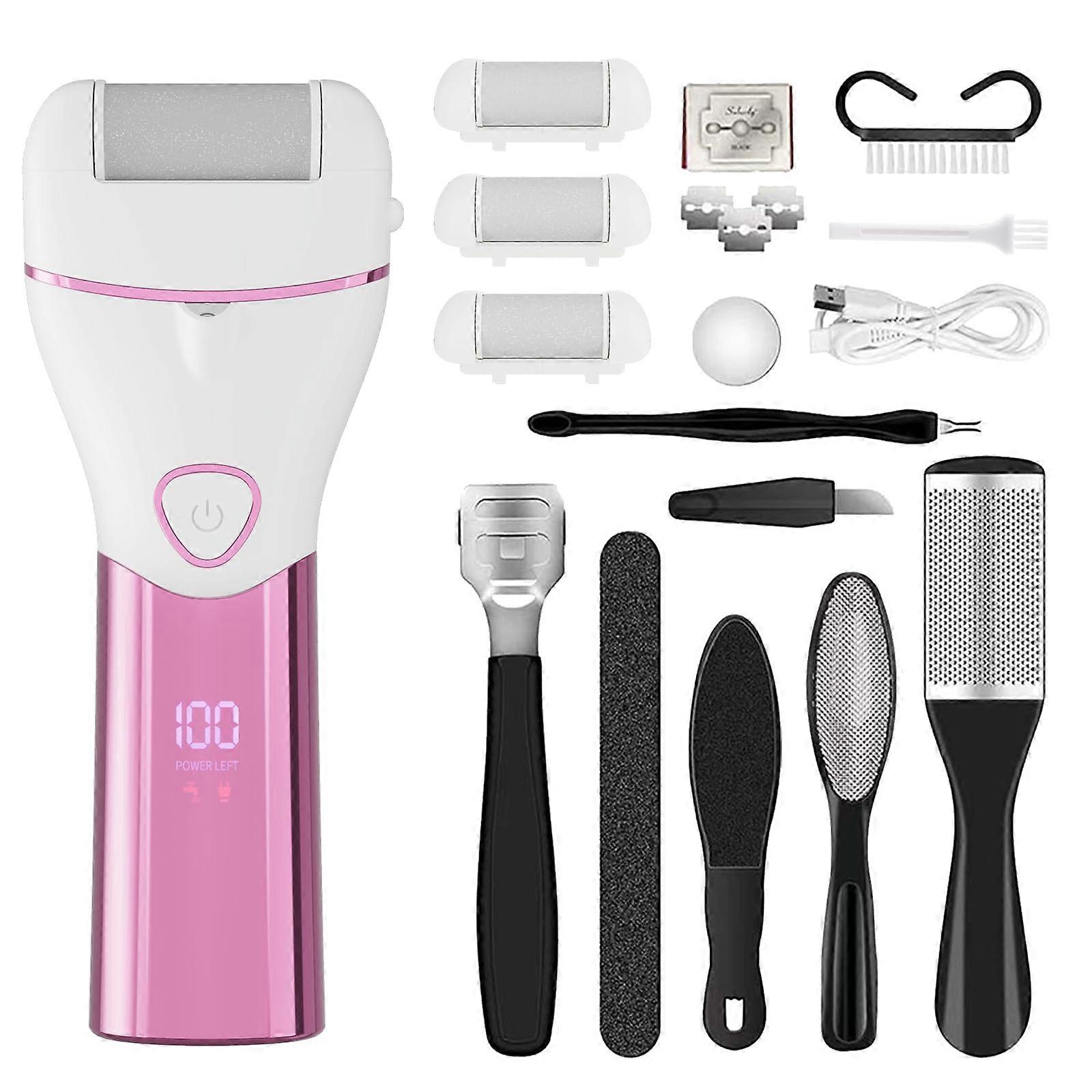 Electric Foot Callus Remover Waterproof Rechargeable Pedicure Kit with 3 Rollers and LED Light