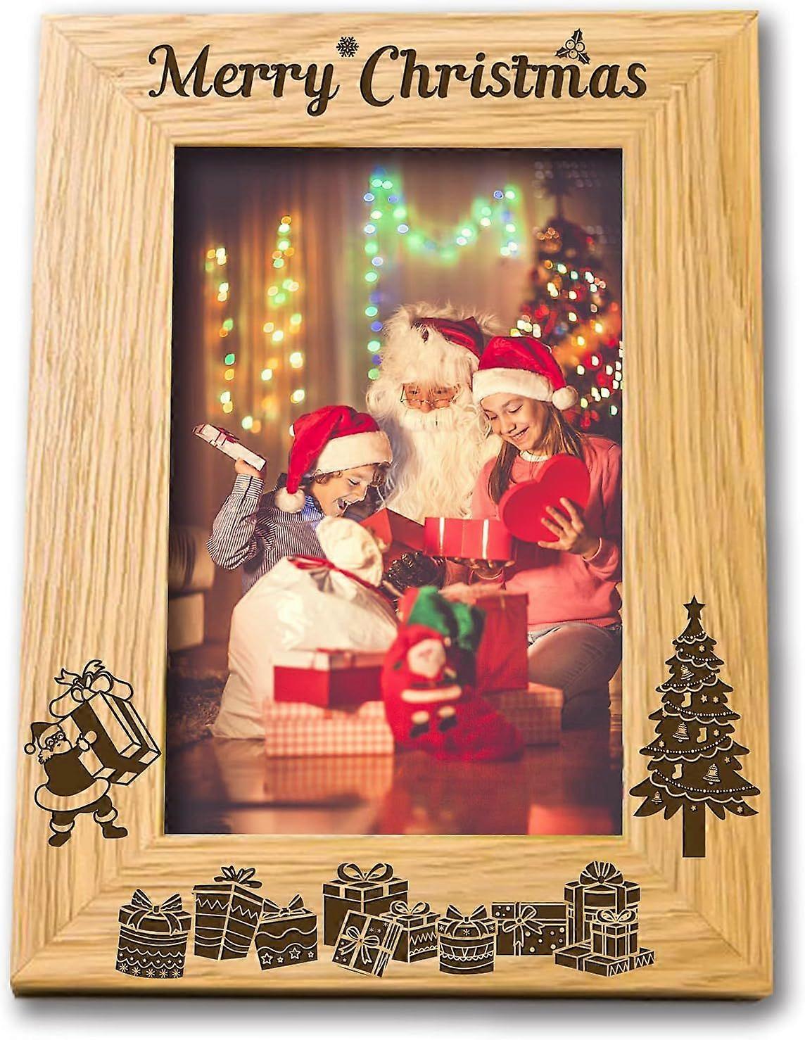 6x4inches Engraved Natural Wood Picture Frame Christmas Family Photo Frame with Santa Claus Tree Gift-Boxes Pattern Burlywood Rectangle Frame with Mer