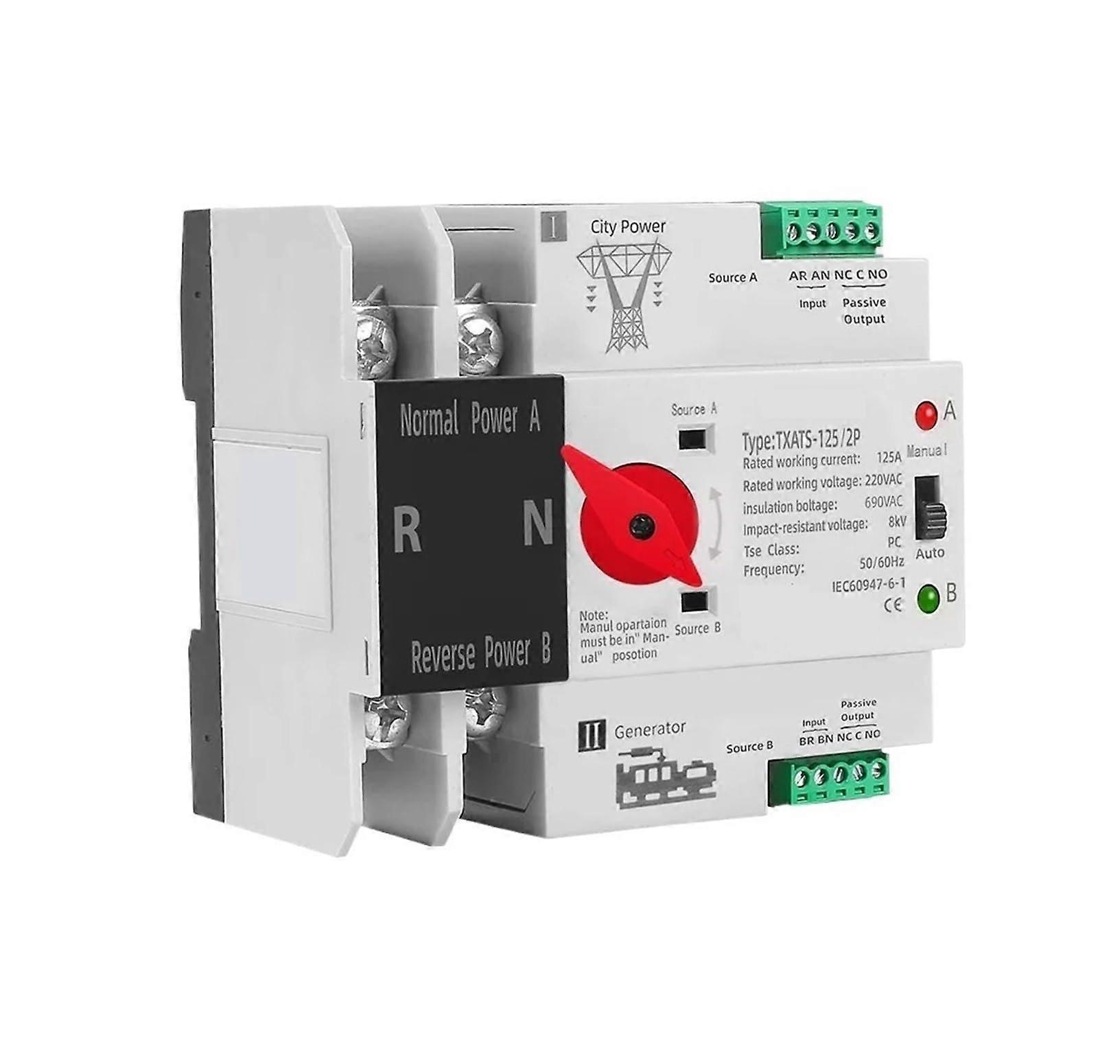 Dual Power Automatic Transfer Switch 125A 2P with Manual Control for Home and Generator Backup
