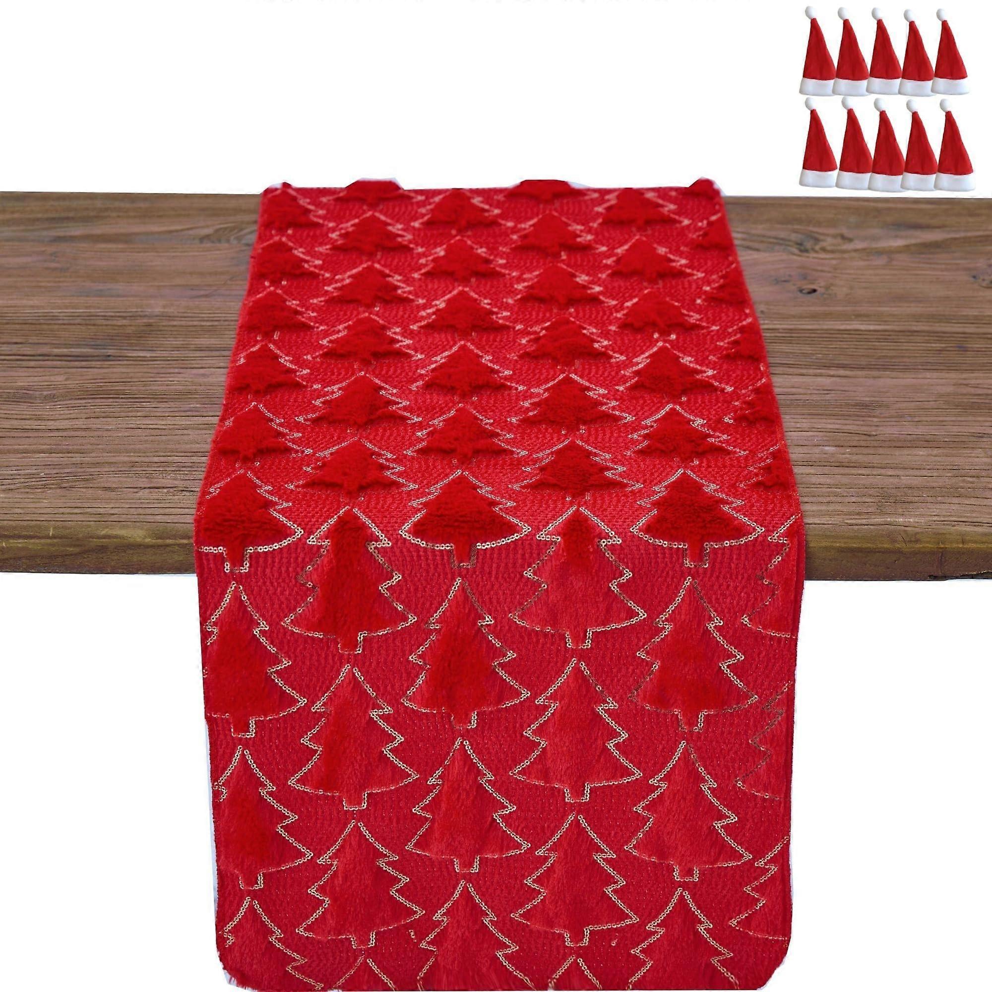 Red Faux Fur Christmas Table Runner with Sequined Trees 13x72in Holiday Dining Decoration