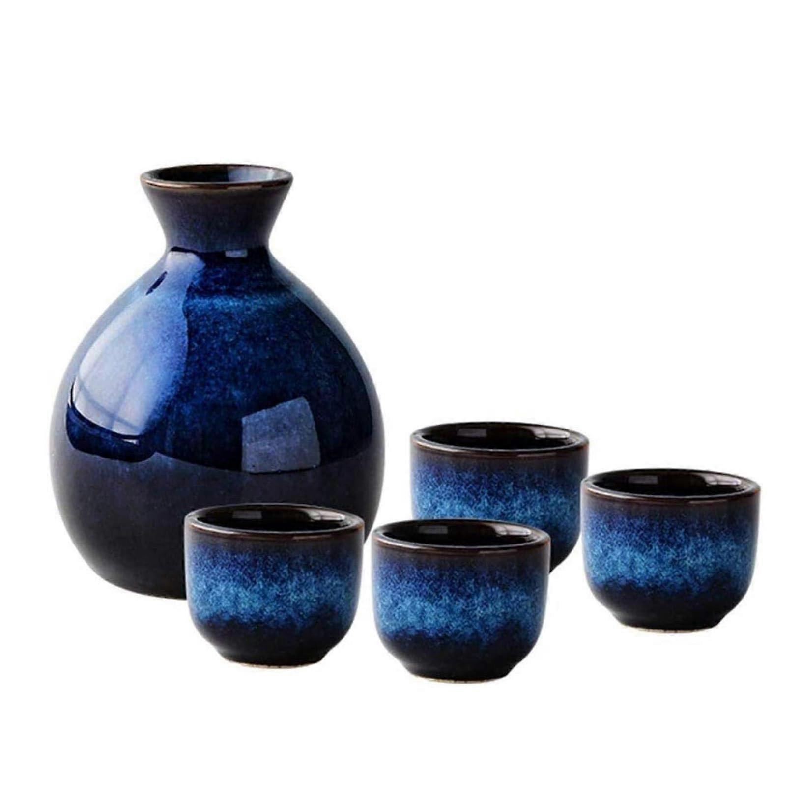 Japanese Ceramic Sake Set with Cups, Blue Gradient Glaze, Authentic Craftsmanship, 5 Piece