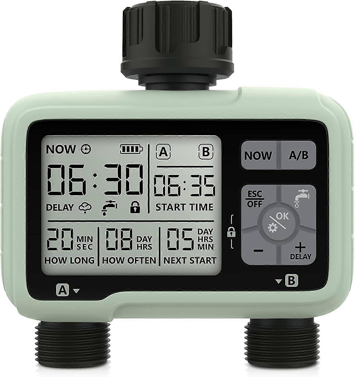 Automatic Watering Timer with Dual Zone Control, Rain Delay, Child Lock for Garden and Lawn