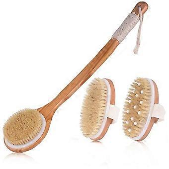 Natural Bristle Long Handle Body Brush for Shower and Dry Brushing, Dual Side Exfoliating Design