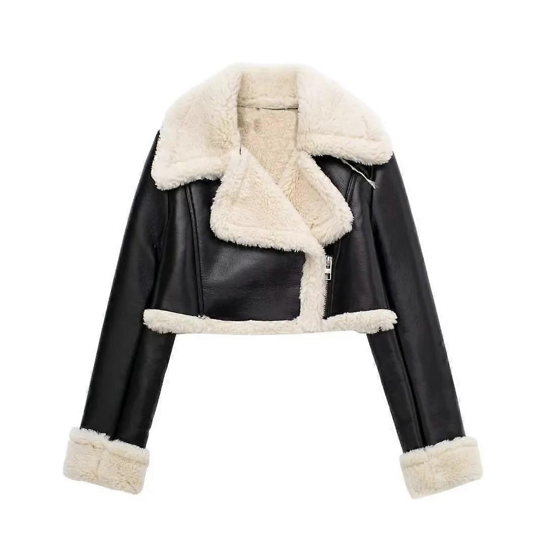 Black and White Contrast Shearling Collar Short Jacket