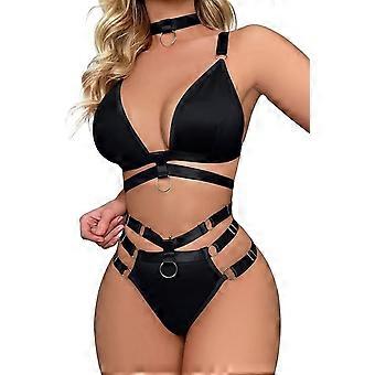 Sexy Wireless Choker O Ring Linked Strappy Harness Lingerie Set Outfits 3 Piece