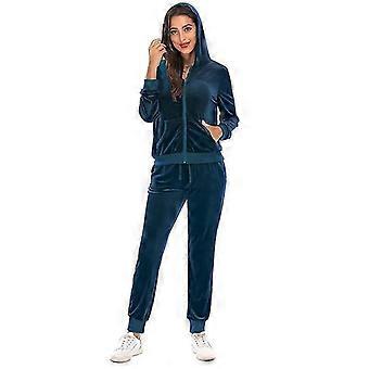 Kvinnor Sport Träningsoverall Avslappnad Zip Up Hoody Och Joggare I Mjuk Stretch Velour Lounge Jacka Topp Och Botten Set M blå
