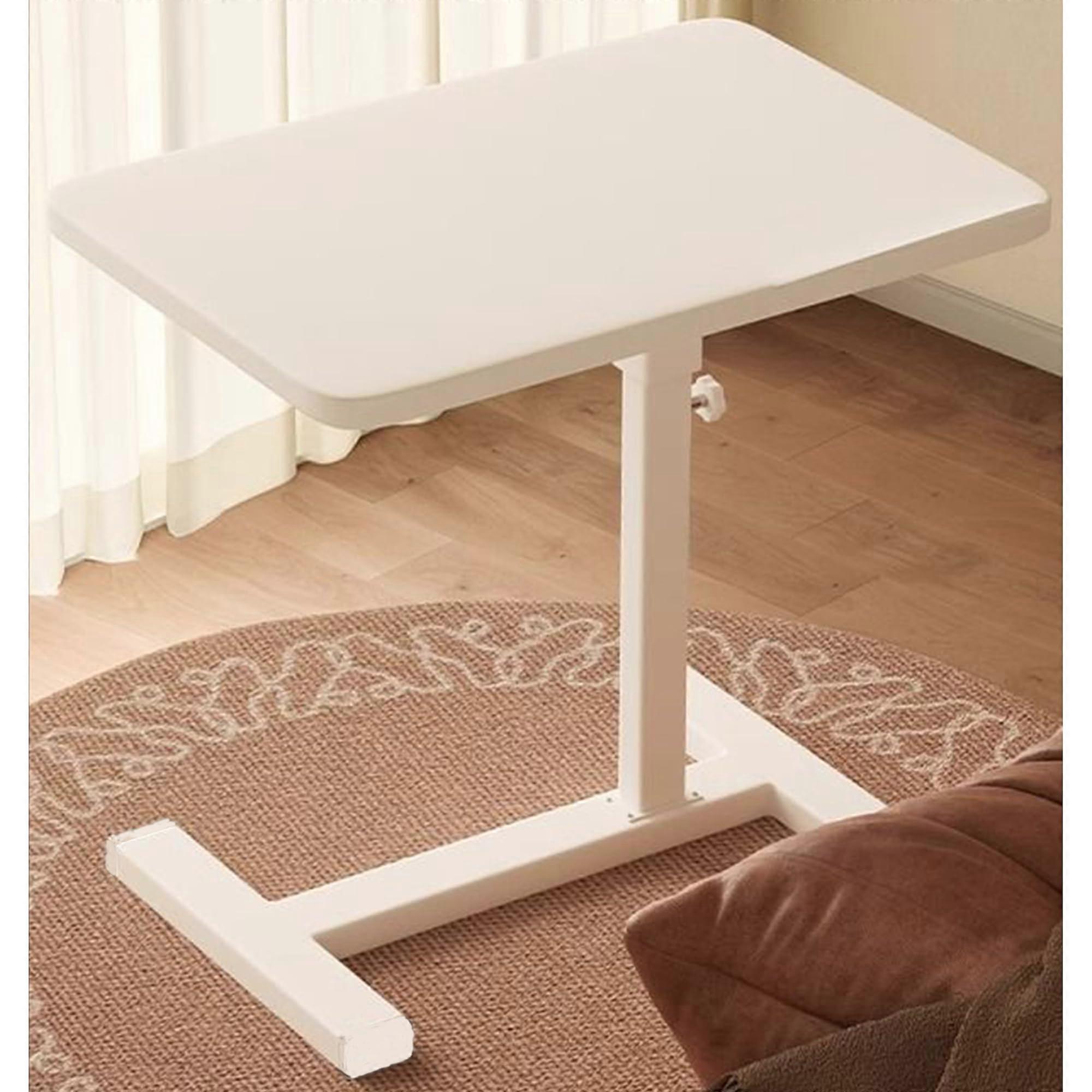 Adjustable Overbed C Shaped Side Table with Wheels, Foldable Height Adjustable Bedside Desk, White