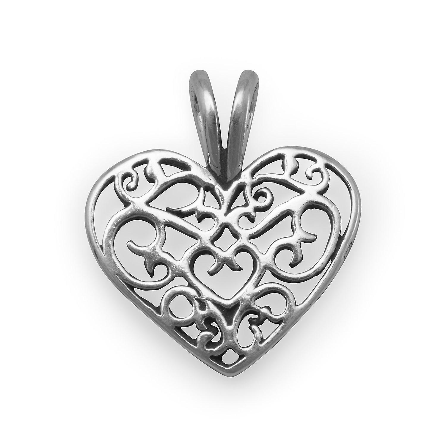女性のための925スターリングシルバーフィリグリーラブハートチャーム直径15mmペンダントネックレス