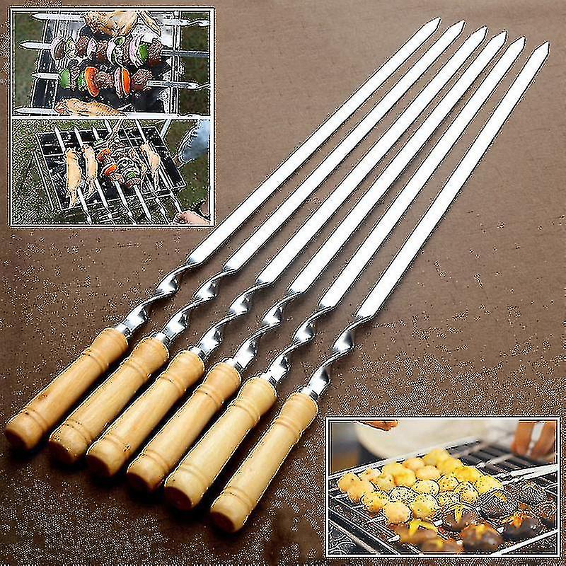 6pcs επίπεδα σουβλάκια μπάρμπεκιου ανοξείδωτου σουβλάκια κεμπάπ με το ξύλινο επίπεδο μπάρμπεκιου μετάλλων λαβών