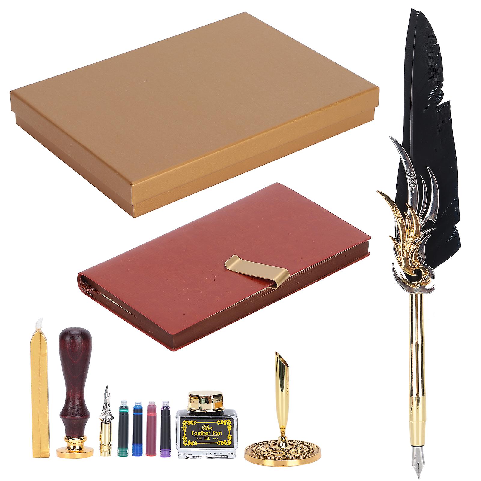 Black Dip Calligraphy Pen Set: Feather Ink Sac with Lacquer Stamp Tool